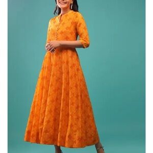 Kalki Russet Orange Indo-Western Dress With Bandhani Print In Kota Silk India